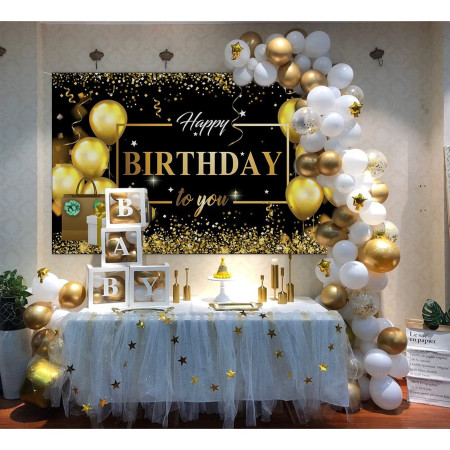 Banner Tip Fundal pentru Poze, Cyrax, din Panza, Model Happy Birthday to You, 185 x 110 cm, Sfoara 6 m, Prindere in 4 Colturi, Negru/Auriu