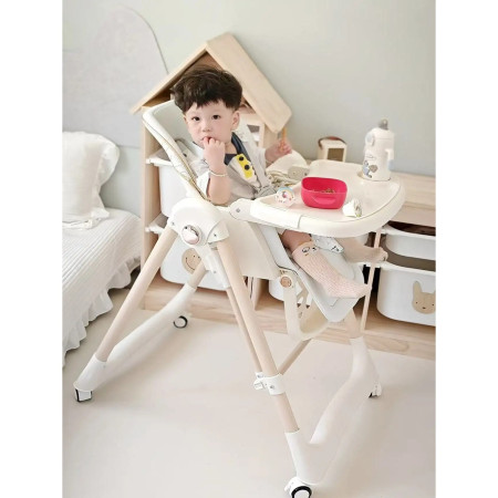 Scaun de Masa 2in1, Cyrax, pentru Copii 6 luni - 4 Ani, Pliabil, cu Roti, Balansoar, Leagan, Reglabil, Tava de Masa Dubla, Centura in 5 Puncte, 96 x 56 x 76 cm, Sampanie