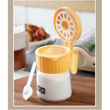 Recipient Condimente, Cyrax, din Stilca, 180 ml, cu Maner si Lingurita, 10.6 x 7 x 7 cm, Capac Mat, Galben