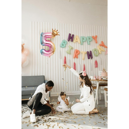 Balon din Folie Metalizata, Cyrax, Figurina Cifra Gradient, Tema Aniversare 80 cm, Ambalaj Individual, Pai inclus, Umflare cu Aer sau Heliu, Coronita, Cifra 5