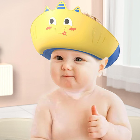 Casca de Dus, Cyrax, Previne Scurgerea Apei si Samponului pe Fata, 0-12 Ani, Ajustabila, din TPE+PP, 20 x 23 cm, Model Unicorn, Galben/Albastru