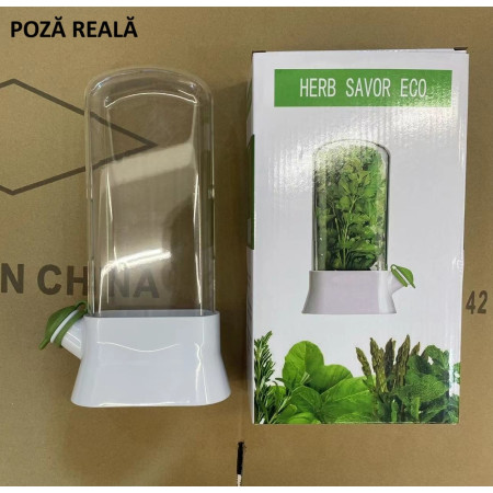 Recipient de Pastrare a Ierburilor cu Capac de Umplere cu Apa, Cyrax, Proaspat, Curat, Fara BPA, Practic, Durabil, 27x16 cm, Alb