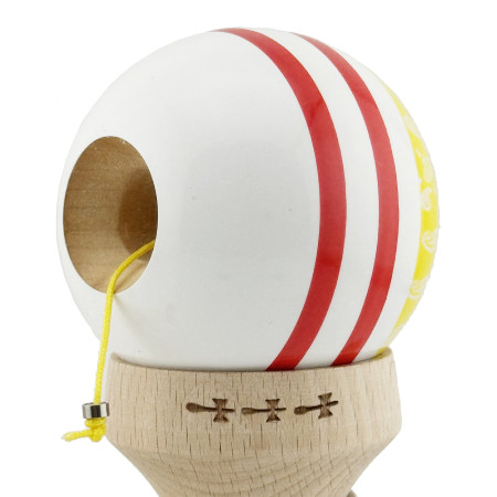 Kendama X Originala CHICANOS, Profesionala, Cyrax, Cupe Mari KING SIZE V3, Super Sticky, Gaura in Baza, Rulment Metalic, din lemn 18 cm, Ata 55 cm, Galben/Alb