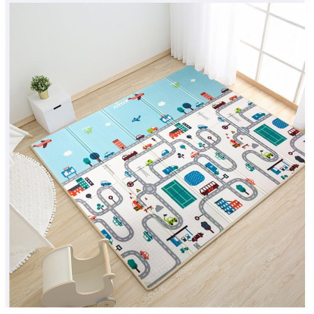 Covoras pentru Copii, Cyrax, cu 2 Fete, Model Trafic/Girafe, din XPE+PE, Impermeabil, Antiderapant, Protectie Termica, +3 Luni, Pliabil, 180 x 200 x 1 cm, Multicolor