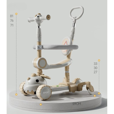 Trotineta Multifunctionala 6 in 1, Cyrax, Pentru Copii De La 10 Luni Pana La 12 Ani, Cu Maner De Impingere, Reglabil 360, Pliere Usoara, Reglarea Inaltimii, Model Dinozaur, Alb/Bej