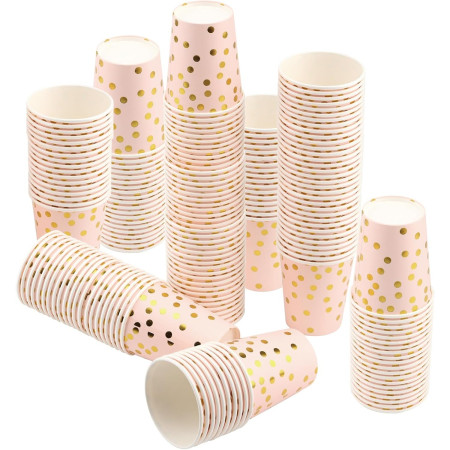 Set 10 Pahare, Cyrax, Imprimeu cu Buline, din Carton, 250 ml, 7.5 x 8.5 x 5.2 cm, Roz/Auriu