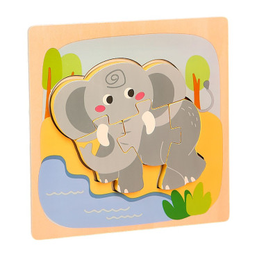 Puzzle Montessori din Lemn pentru Copii, Cyrax, 3D, 0-3 Ani, Model Elefant, Educativ, Intuitiv, Creativ, 4 Piese, 15x15x0.5 cm, Multicolor