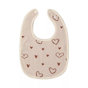 Baveta in Forma de U, Cyrax, din Bumbac, pentru Copii 0-12 Luni, Rezistenta la Apa, cu Capse, Model cu Inimoare,  21x30 cm, Bej