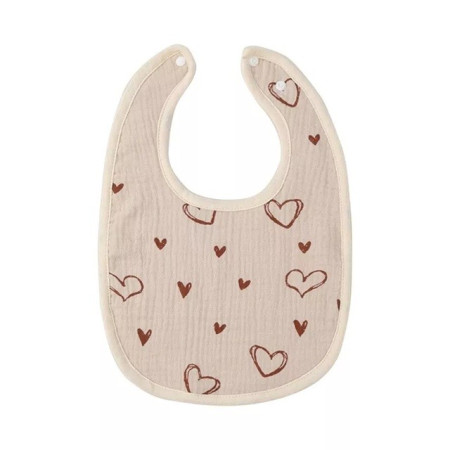 Baveta in Forma de U, Cyrax, din Bumbac, pentru Copii 0-12 Luni, Rezistenta la Apa, cu Capse, Model cu Inimoare,  21x30 cm, Bej