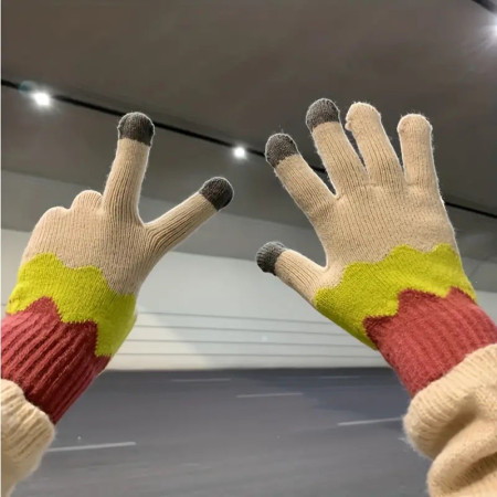 Manusi de Dama,  Model Ondulat, Functie Touchscreen (ecran tactil), Material Acril Tricotat, Manseta Elastica, Interior Catifelat, Marime Universala, Galben/Roz