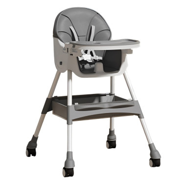 Scaun de Masa pentru Bebelusi si Copii, Cyrax, cu Roti, Telescopic, Pliabil, Masuta Reglabila, Suport Picioare, Scaun cu Invelis Piele Artificiala, Centura Siguranta, Spatiu Depozitare, 97x73x65 cm, Gri