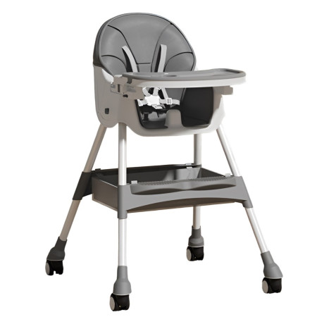 Scaun de Masa pentru Bebelusi si Copii, Cyrax, cu Roti, Telescopic, Pliabil, Masuta Reglabila, Suport Picioare, Scaun cu Invelis Piele Artificiala, Centura Siguranta, Spatiu Depozitare, 97x73x65 cm, Gri