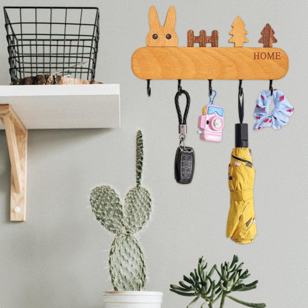 Suport pentru Chei,  din Lemn, Aplicare fara Perforare, Adeziv Inclus, 5 Carlige Negre, Model Iepure, Greutate Suportata 5 kg, 13.5 x 22 cm, Maro