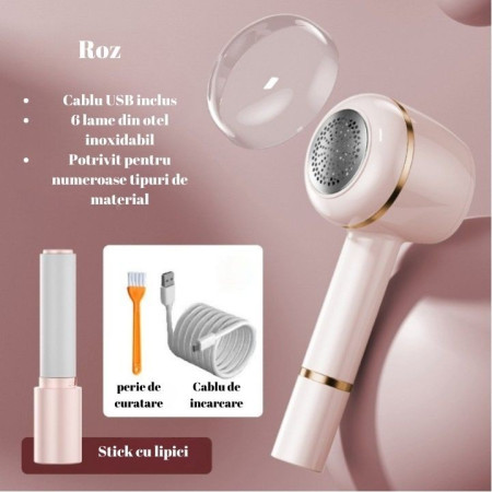 Aparat Pentru Curatat Scame, Par Si Praf,  Pentru Diferite Tipuri De Material, Cu Lame Din Otel Inoxidabil, Incarcare Prin USB Type-C, Cu Perie De Curatare, Cablu USB Si Stick Cu Lipici Incluse, Roz, 220 x 86 mm