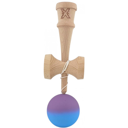 Kendama X Originala, Profesionala, Cyrax, din Lemn, Rubber Grip, 18 cm, Gradient Violet/Albastru