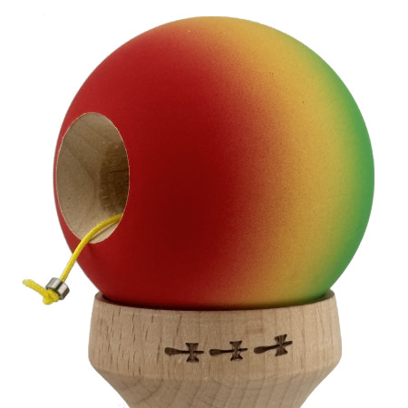 Kendama X Originala, Profesionala, Cyrax, Cupe Mari KING SIZE V3, Rubber Grip, Gaura in Baza, Rulment Metalic, din lemn 18 cm, Ata 62/65 cm, Gradient Verde/Galben/Rosu