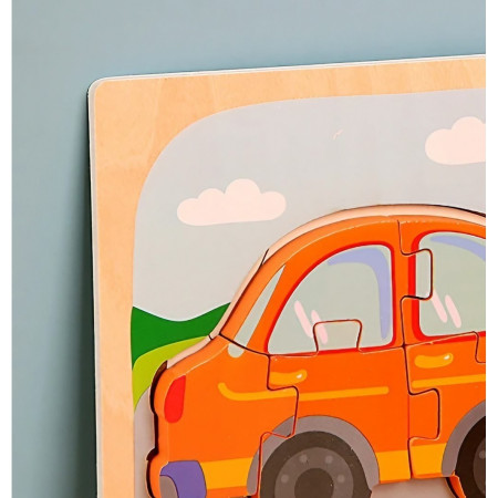 Puzzle Montessori din Lemn pentru Copii, Cyrax, 3D, 0-3 Ani, Model Masina, Educativ, Intuitiv, Creativ, 5 Piese, 15x15x0.5 cm, Multicolor