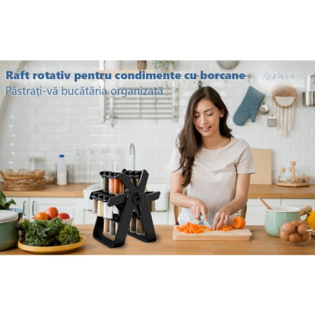 Suport Pentru Condimente Rotativ, Cyrax, Multifunctional, Pivotant 360°, Portabil, Usor de Montat, 34x23 cm, ABS/Sticla, Negru