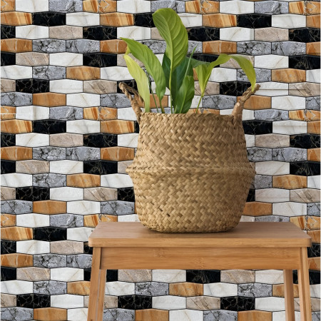 Set 10 x Placi Tapet Autocolant 3D cu Imitatie de Marmura Asimetrica,  pentru Perete Bucatarie Sufragerie, Usor de Curatat, Rezistent la Apa, Autoadeziv, 30x30 cm, Maro Gri Negru