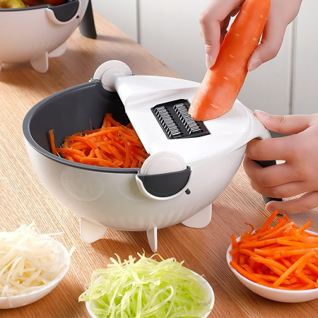 Tocator Multifunctional, Cyrax, Lame Otel Inoxidabil, cu Suport Scurgere, Maner, Protectie Mana, 22x22x12 cm, Alb Negru