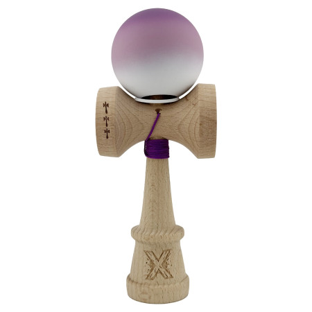 Kendama X Originala, Profesionala, Cyrax, Cupe Mari KING SIZE V3, Rubber Grip, Gaura in Baza, Rulment Metalic, din lemn 18 cm, Ata 62/65 cm, Gradient Mov/Alb