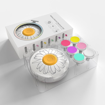 Set Pila Electrica pentru Copii si Bebelusi, Cyrax, ABS, Incarcare USB, Model cu Flori, 6 Accesorii, cu Lumina LED, Alb