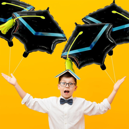 Balon din Folie Metalizata, Cyrax, Figurina, Model Toca Congrats Grad, Tematica Absolvire, 56x70 cm, Ambalaj Individual, Pai Inclus, Umflare cu Aer sau Heliu, Negru-Albastru