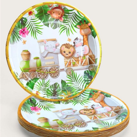 Farfurii Cartonate pentru Petreceri, Cyrax, Farfurii Cartonate de unica Folosinta pentru Zile de Nastere, Model Safari cu Animale, set 10 buc, Diametru 18 cm, Multicolor