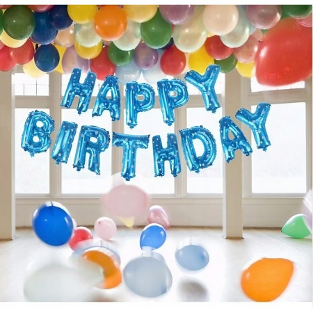 Set Baloane din Folie Metalizata, Cyrax, Model Happy Birthday, Litere de 40 cm, Baloane Party, Ambalaj Individual, Pai, Ata si Adeziv Incluse, Umflare cu Aer sau Heliu, Albastru