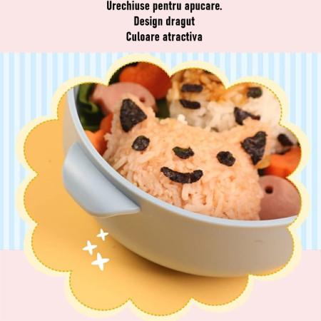 Caserola pentru copii Cyrax, lunch box, 750 ml, doua boluri, lingura, foarfeca din plastic, rezistenta la scurgeri, Albastra