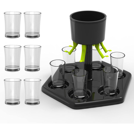 Dozator Hexagonal cu Suport pentru Shoturi, Cyrax, 6 Pahare, Set Complet cu Ambalaj si Cutie, Dispenser, Divizor, Joc de Baut, Negru