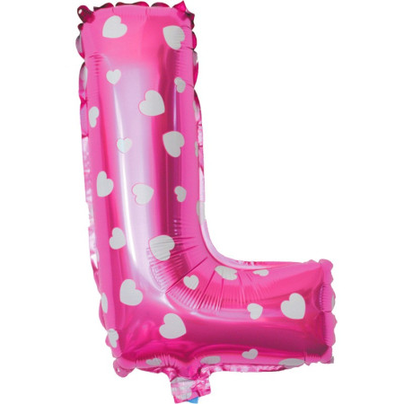 Balon Folie Metalizata Litera L, Cyrax, 40 cm, Cu Imprimeu Inimioare, Umflati cu Heliu sau Aer, Ambalaj Individual, Pai inclus, Roz