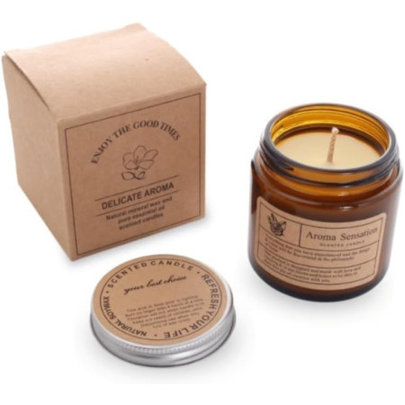 Lumanare Parfumata,  Model Borcan Maro, Aroma de Frezie si Pere, din Ceara Vegetala, 6 x 6.5 x 6.5 cm, Maro