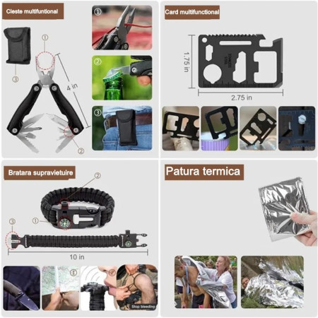 Kit supravietuire multifuncional  42 de Instrumente Profesionale, Echipament de prim-ajutor, Drumetie, Camping