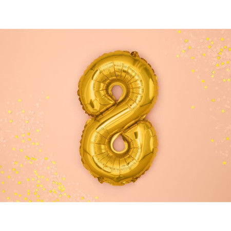 Balon din Folie Metalizata Cyrax, Figurina Cifra, Tema Aniversare 40 cm, Ambalaj Individual, Pai inclus, Umflare cu Aer sau Heliu, Auriu, Cifra 8