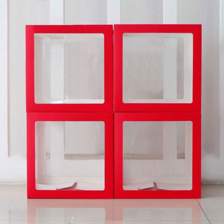 Set 4 Cutii pentru Baloane, Cyrax, Model Scris Love, Tematica Iubire, Cuburi Decorative din Plastic, Accesorii pentru Petrecere, 30x30 cm, Transparente Contur Rosu