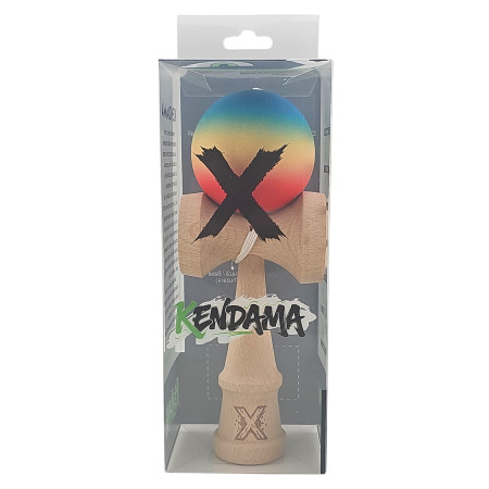 Kendama X Originala, Profesionala, Cyrax, din Lemn, Rubber Grip, 18 cm, Rosu/Galben/Albastru