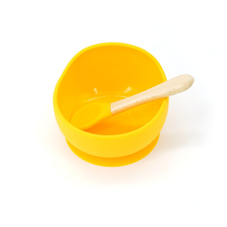 Set 2 piese diversificare bebelusi si copii din silicon Cyrax, bol cu ventuza, lingurita din lemn si silicon, pentru gustari, fara alergeni, galben