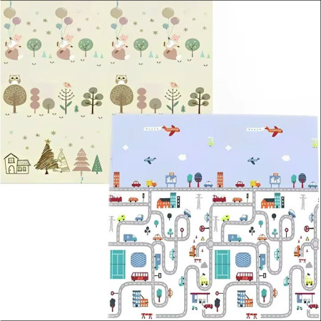 Covoras de Joaca pentru Copii Termic cu 2 Fete, Cyrax, Model Vulpi si Pista de Masini, cu Spuma, Impermeabil, Antiderapant, 200cm x 180cm x 0.8cm