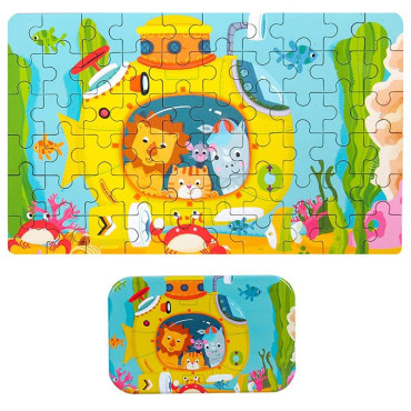 Puzzle 60 de Piese din Lemn in Cutie Metalica, Cyrax, Model Submarin, Educativ, Dezvoltare Abilitati Cognitive, pentru Prescolari, 22.5x13.5 cm, Multicolor