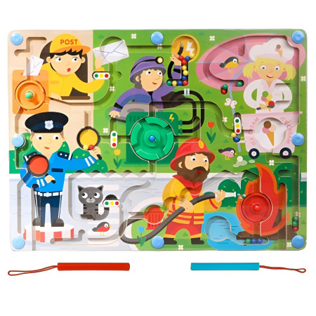 Joc Montessori de Sortare Culori, Cyrax, Creion Magnetic, Tip Labirint Ilustrat, din Lemn, Model Meserii, 39x29x1.5 cm