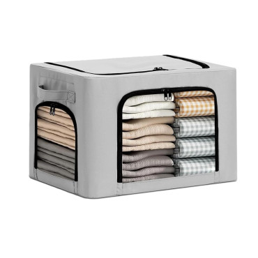 Cutie de Depozitare,  cu 3 Ferestre cu Fermoar Bidirectional, Cadru din Otel, Impermeabil, 38L, 42 x 30 x 30 cm, Gri