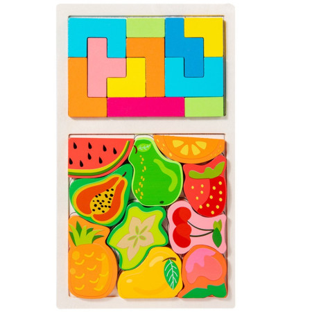 Puzzle Montessori din Lemn pentru Copii, Cyrax, Tip Tetris 2in1 +3 Ani, cu Fructe Colorate 3D, Educativ, Intuitiv, Creativ, 21 de Piese, 28.5x17x1.2 cm, Multicolor
