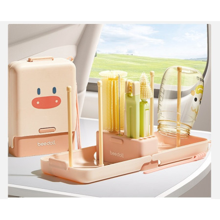 Set 7 Piese de Spalat/Uscat Biberoane, Cyrax, Portabil, Peri de Silicon, pentru Tetine, Suzete, Biberoane, Paie, Cutie Inclusa, 16.8 x 12 x 5 cm, Model Porcusor, Roz