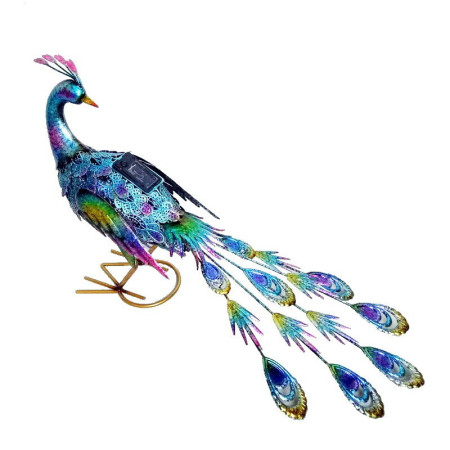 Decoratiune de Gradina cu Lampa solara,  Model Paun Pitic, Iluminare Led si Incarcare Solara, 66 x 33.5 x 26.5 cm, din Fier, Albastru Multicolor