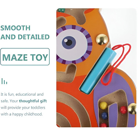 Joc Montessori cu Bile, Cyrax, Creion Magnetic, Tip Labirint, din Lemn, Model Bufnita, 18.5x17.5 cm, Portocaliu-Mov