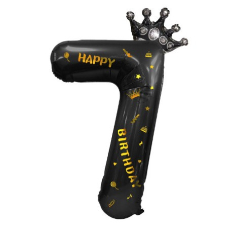 Balon din Folie Metalizata Cyrax, Figurina Cifra si Coroana, Scris Happy Birthday, Tema Aniversare 100 cm, Ambalaj Individual, Pai inclus, Umflare cu Aer sau Heliu, Negru, Cifra 7