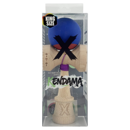 Kendama X Originala, Profesionala, Cyrax, Rubber Grip, Cupe Mari KING SIZE V3, Gaura in Baza, Rulment Metalic, din lemn 18 cm, Ata 62/65 cm, Bicolor Albastru inchis/Rosu