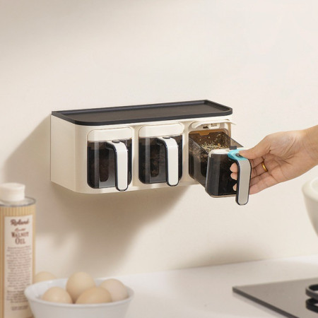 Cutie de Depozitare a Condimentelor, Cyrax, de Uz Casnic, Montare pe Perete, 3 Compartimente, 25.8 x 13.6 x 10.5cm, Alb-Negru