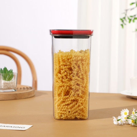 Cutie de Depozitare Alimente, Cyrax, Cutie de tip Container, Recipient pentru Cereale in Bucatarie, 11.5 x 11.5 x 23 cm, volum 2000 ml, Transparenta cu Capac Negru